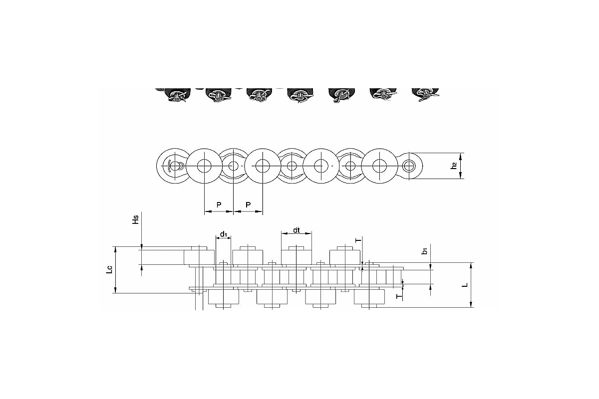 10A-PSR Polyacetal Side Roller Chain dimension drawing