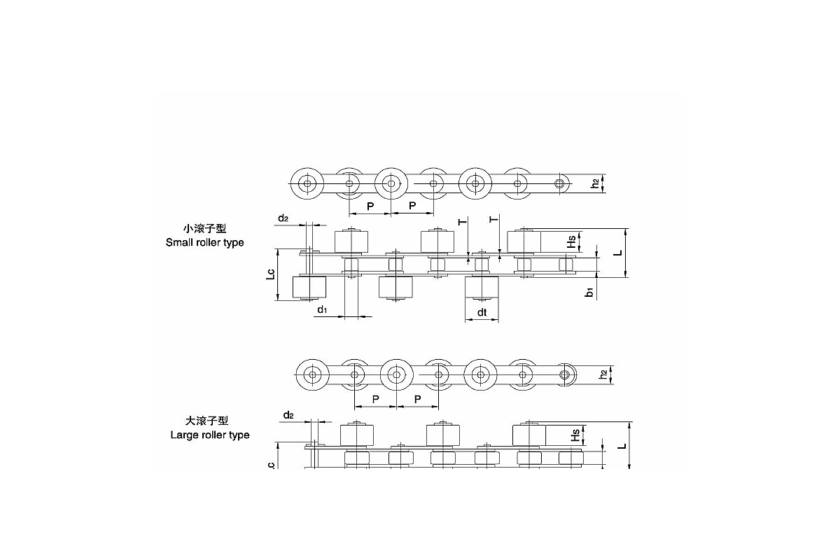 C216AL-PSR Double Pitch Polyacetal Side Roller Chain dimension drawing